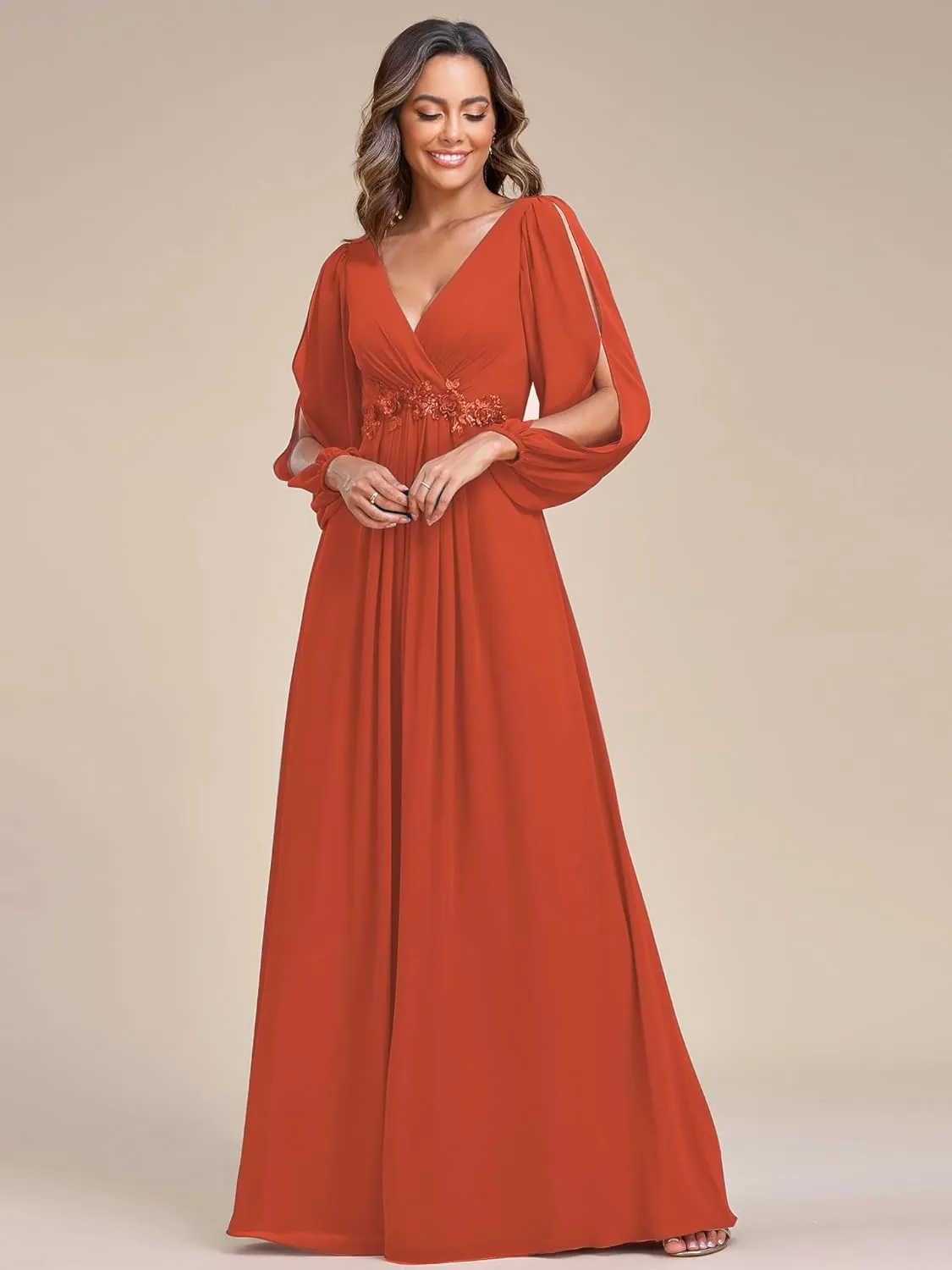 Ever-Pretty Women's V Neck Long Sleeves Floor Length Ruched Chiffon Formal Dress 00461