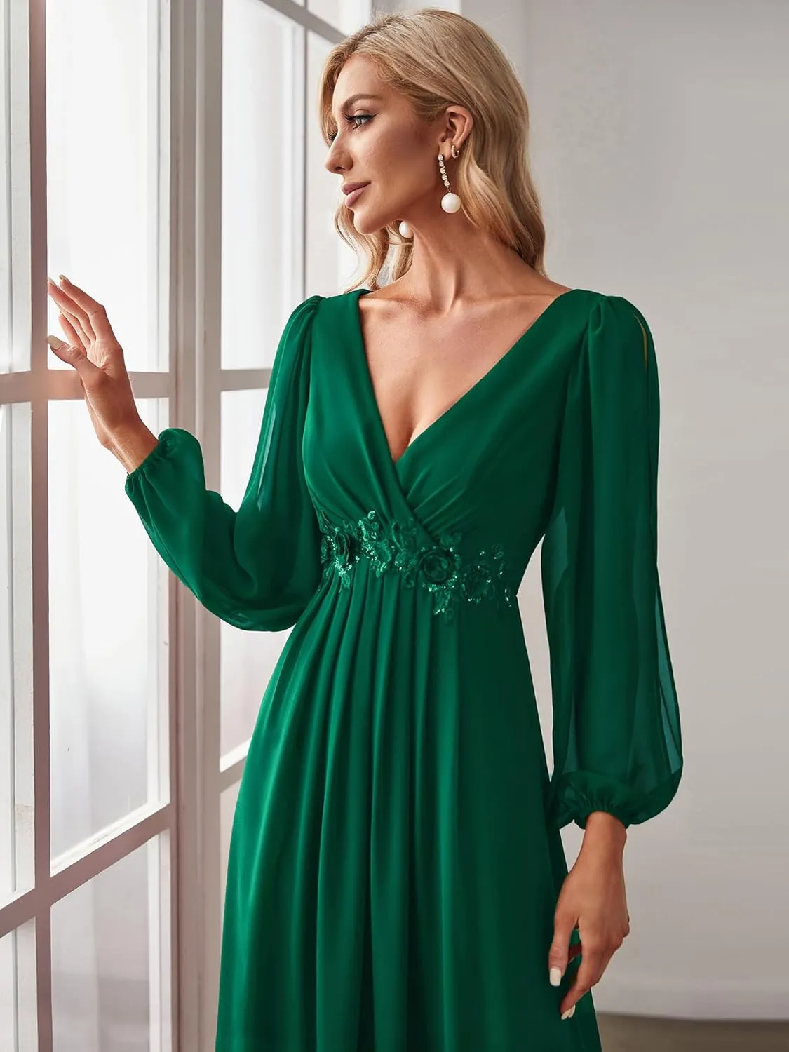 Ever-Pretty Women's V Neck Long Sleeves Floor Length Ruched Chiffon Formal Dress 00461