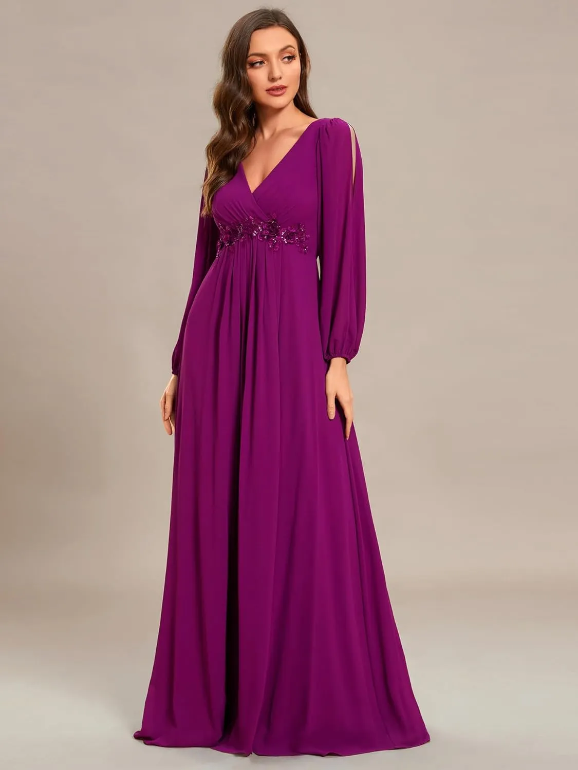 Ever-Pretty Women's V Neck Long Sleeves Floor Length Ruched Chiffon Formal Dress 00461