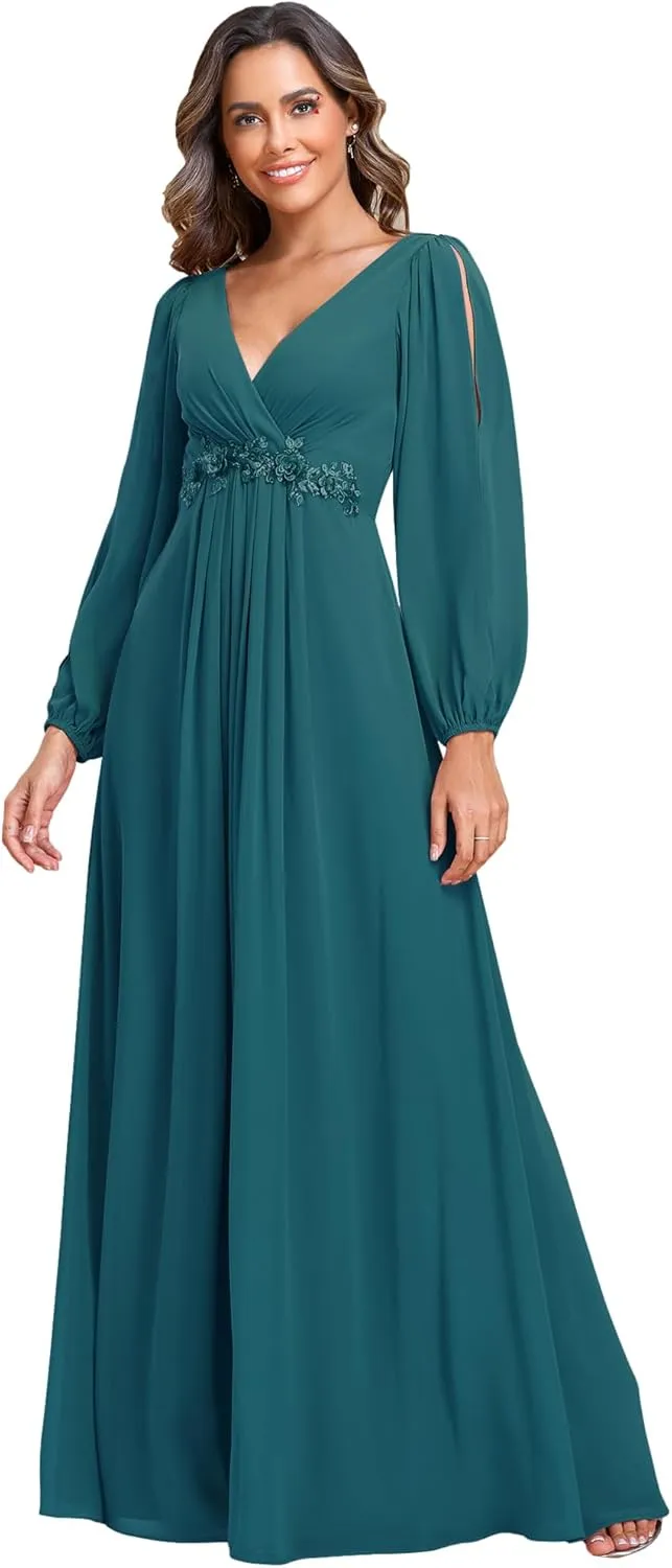 Ever-Pretty Women's V Neck Long Sleeves Floor Length Ruched Chiffon Formal Dress 00461