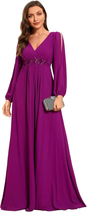 Ever-Pretty Women's V Neck Long Sleeves Floor Length Ruched Chiffon Formal Dress 00461