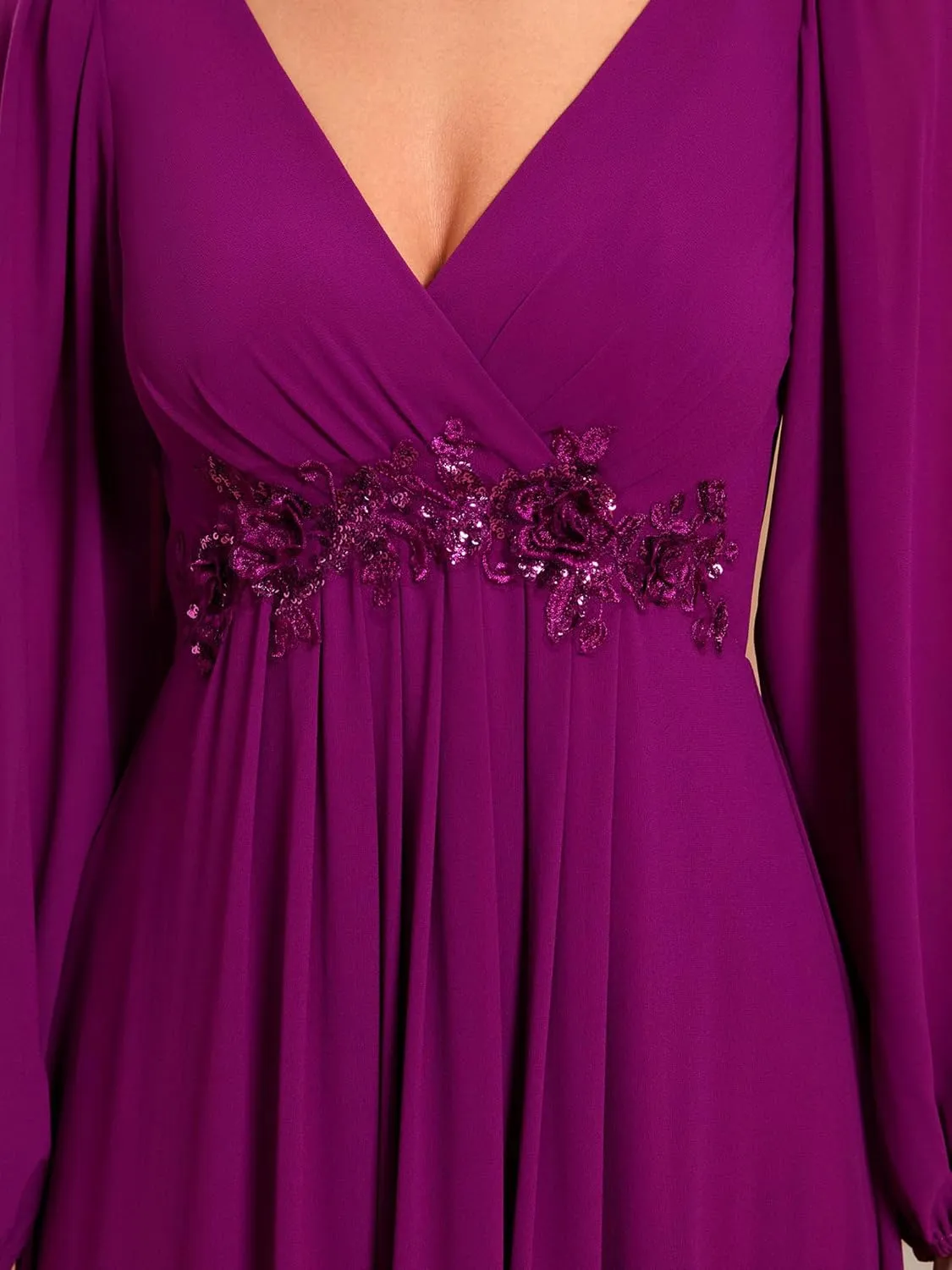 Ever-Pretty Women's V Neck Long Sleeves Floor Length Ruched Chiffon Formal Dress 00461