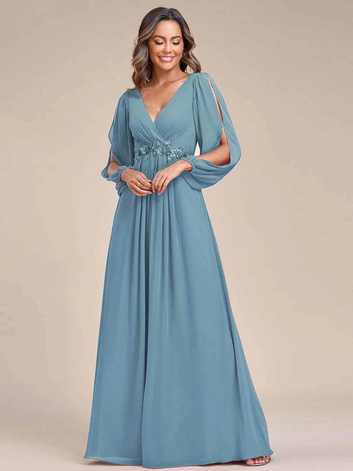 Ever-Pretty Women's V Neck Long Sleeves Floor Length Ruched Chiffon Formal Dress 00461