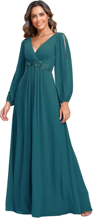 Ever-Pretty Women's V Neck Long Sleeves Floor Length Ruched Chiffon Formal Dress 00461
