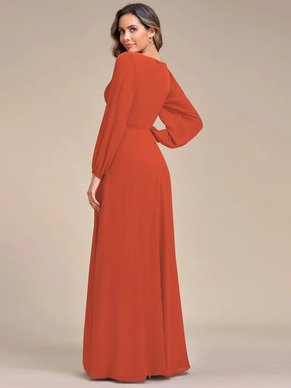Ever-Pretty Women's V Neck Long Sleeves Floor Length Ruched Chiffon Formal Dress 00461