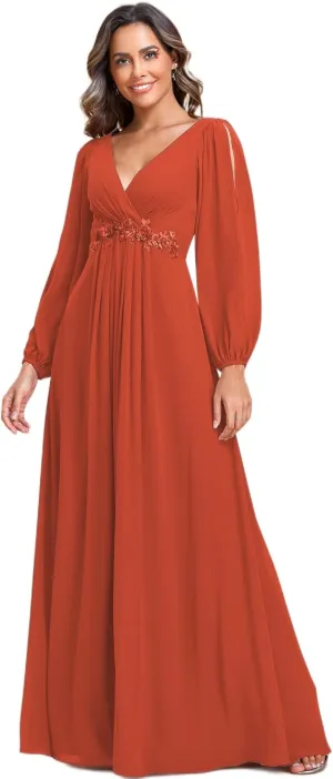 Ever-Pretty Women's V Neck Long Sleeves Floor Length Ruched Chiffon Formal Dress 00461
