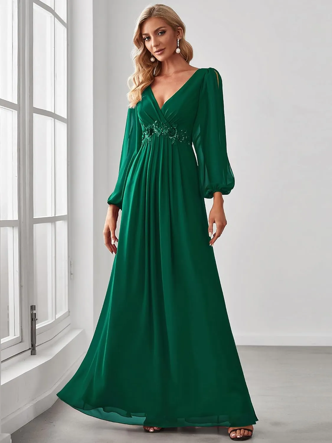 Ever-Pretty Women's V Neck Long Sleeves Floor Length Ruched Chiffon Formal Dress 00461