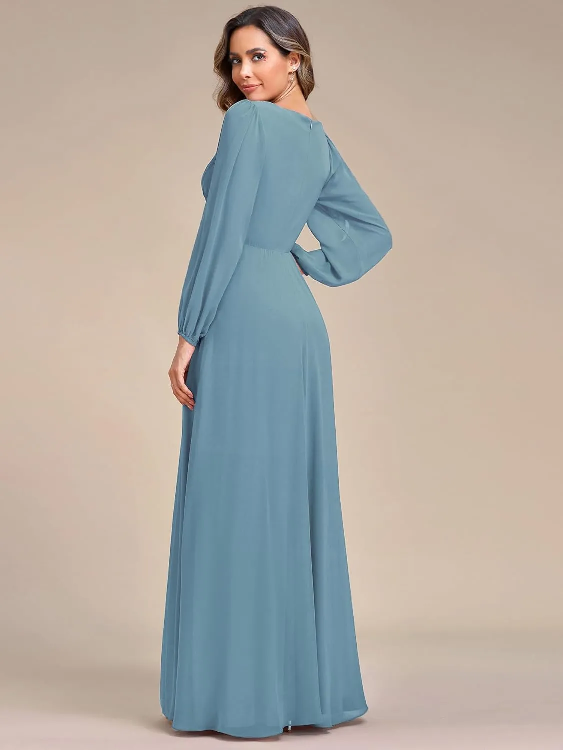 Ever-Pretty Women's V Neck Long Sleeves Floor Length Ruched Chiffon Formal Dress 00461