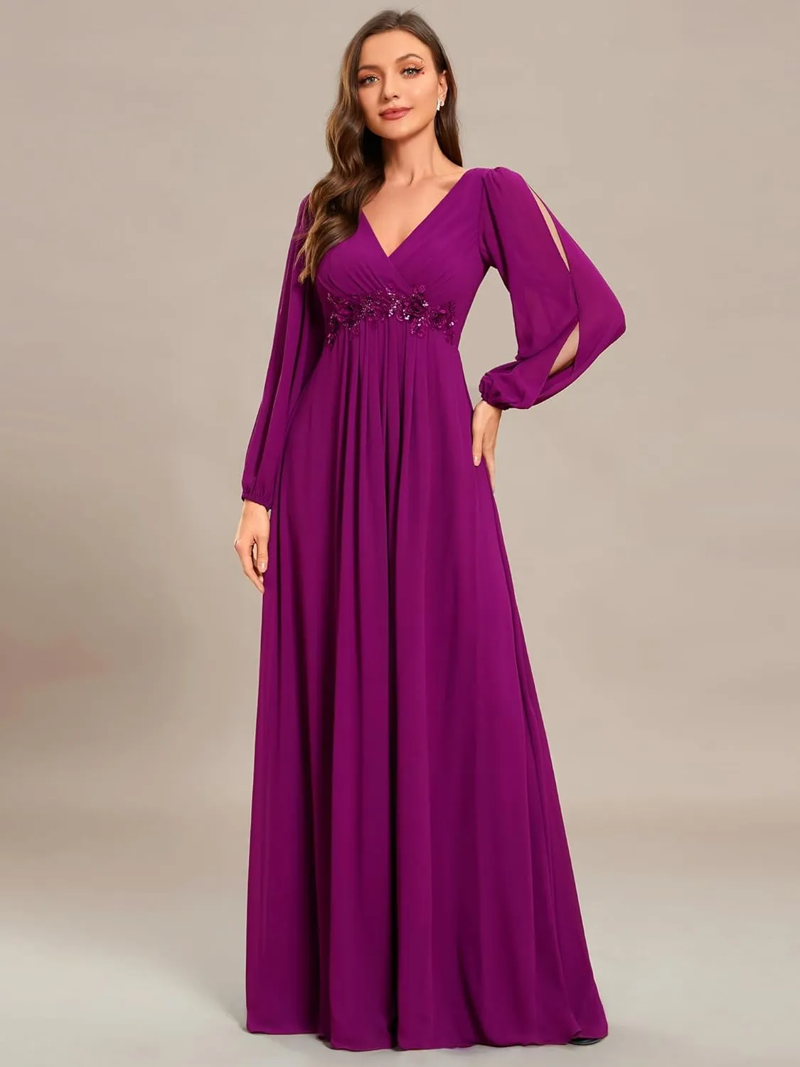 Ever-Pretty Women's V Neck Long Sleeves Floor Length Ruched Chiffon Formal Dress 00461