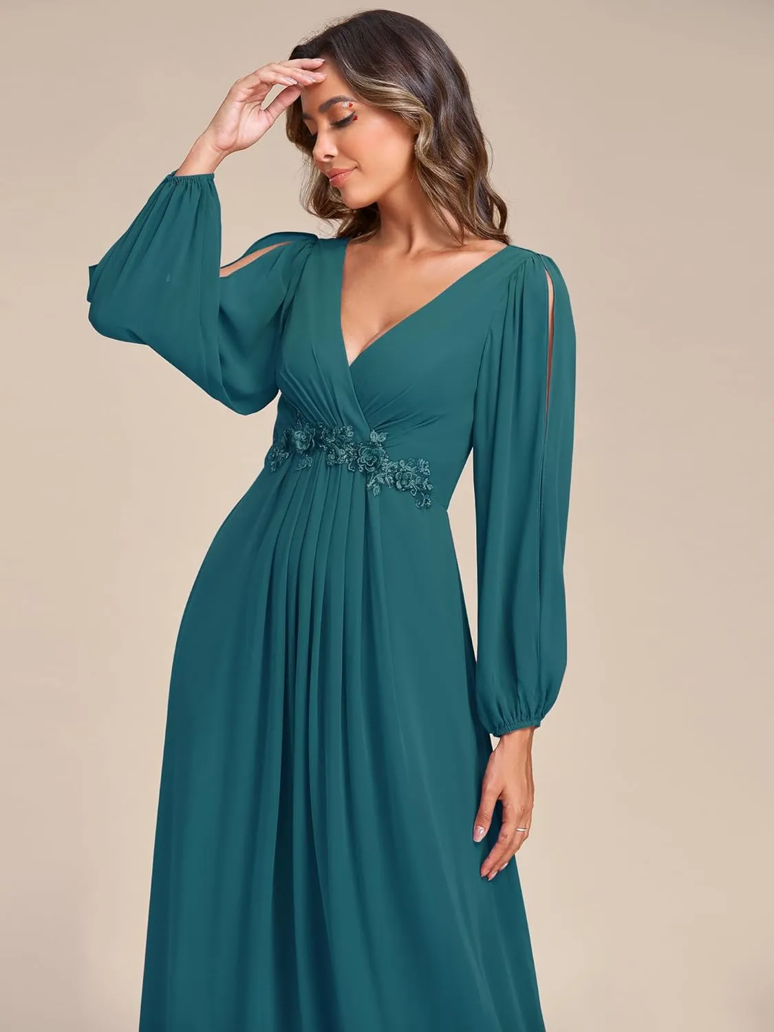 Ever-Pretty Women's V Neck Long Sleeves Floor Length Ruched Chiffon Formal Dress 00461