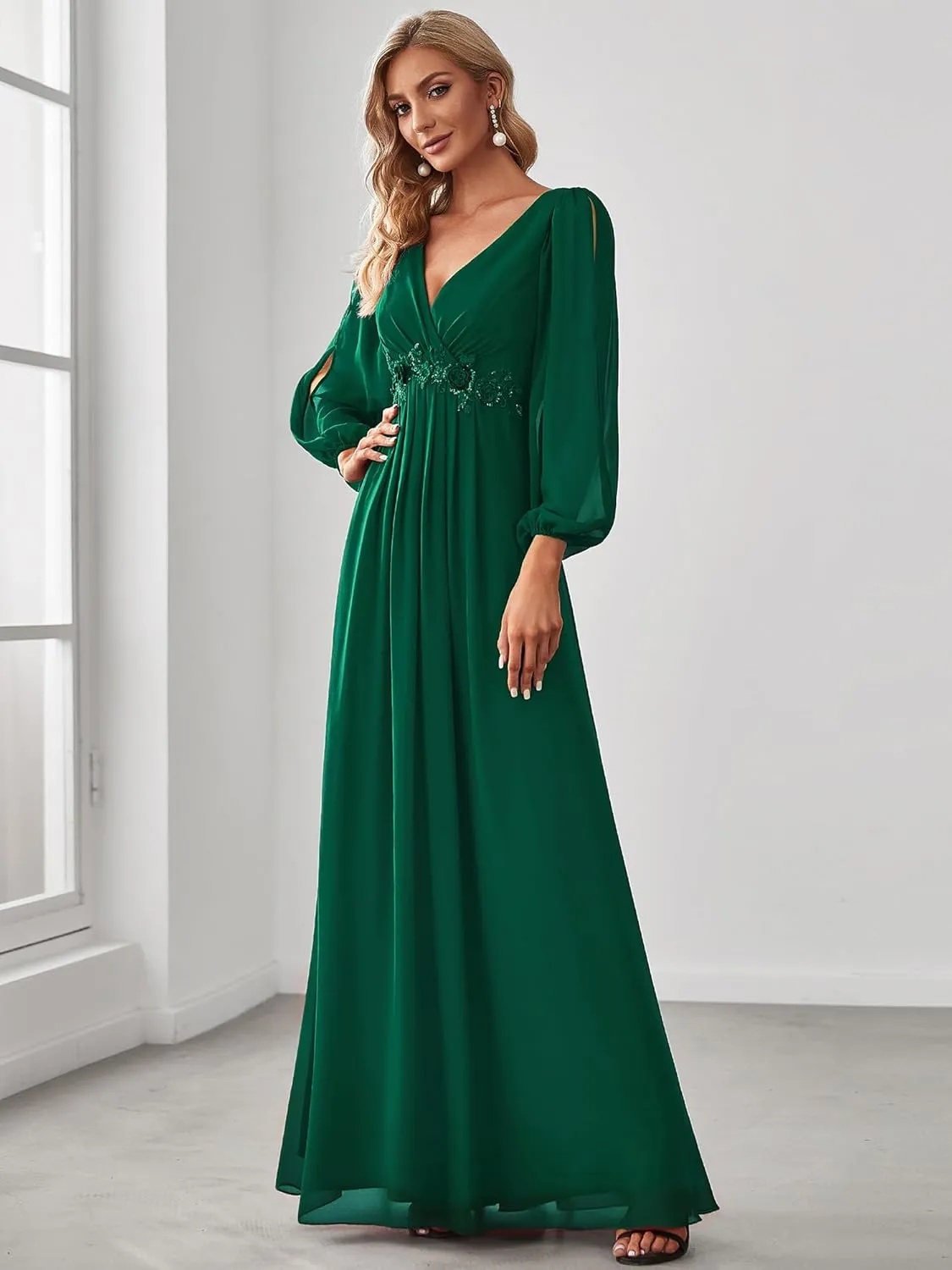 Ever-Pretty Women's V Neck Long Sleeves Floor Length Ruched Chiffon Formal Dress 00461