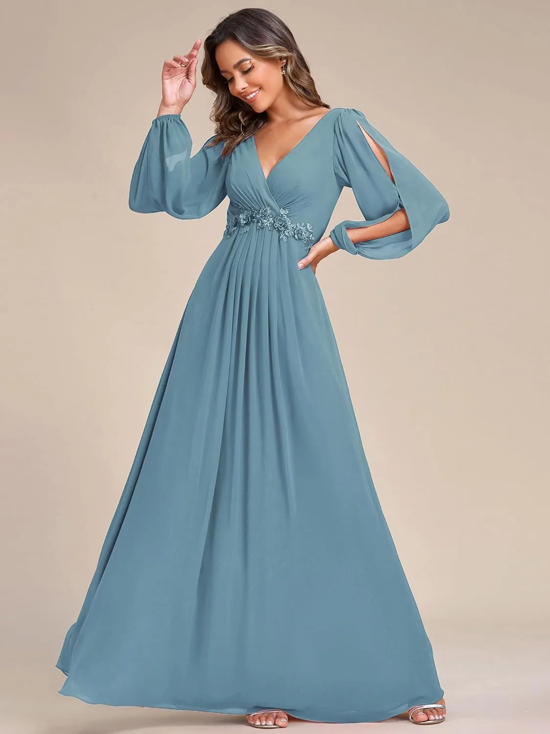 Ever-Pretty Women's V Neck Long Sleeves Floor Length Ruched Chiffon Formal Dress 00461