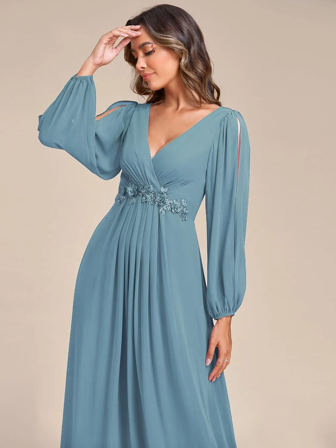 Ever-Pretty Women's V Neck Long Sleeves Floor Length Ruched Chiffon Formal Dress 00461