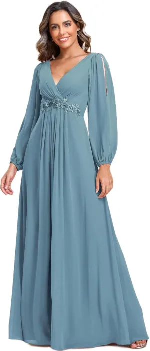 Ever-Pretty Women's V Neck Long Sleeves Floor Length Ruched Chiffon Formal Dress 00461