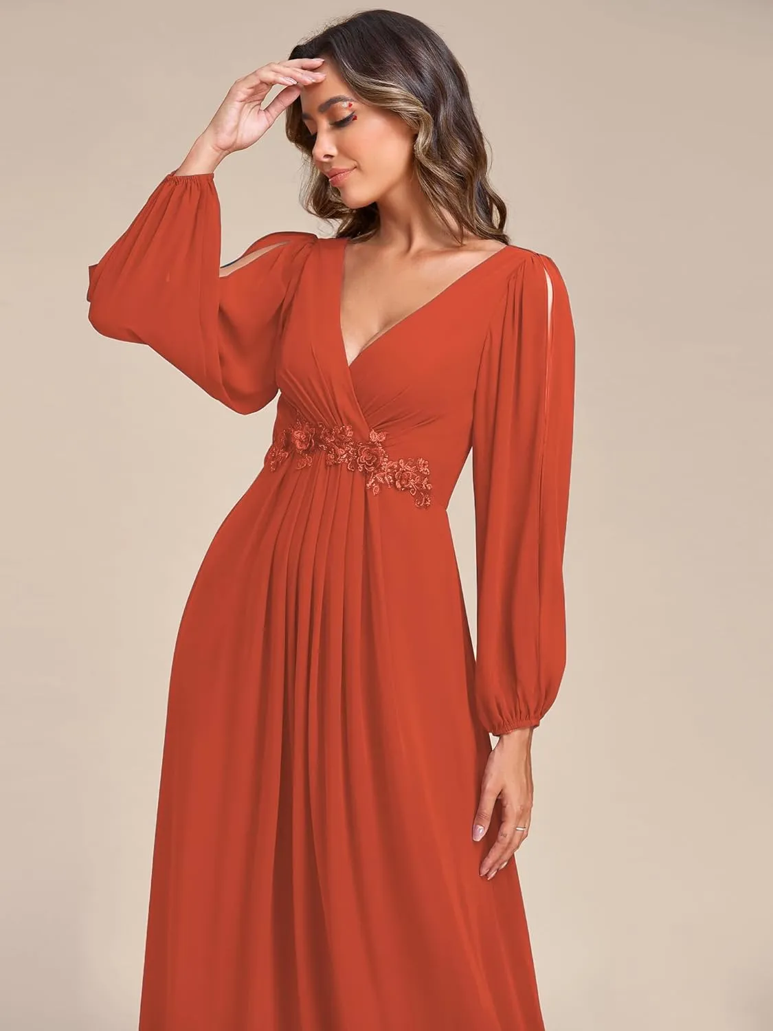 Ever-Pretty Women's V Neck Long Sleeves Floor Length Ruched Chiffon Formal Dress 00461