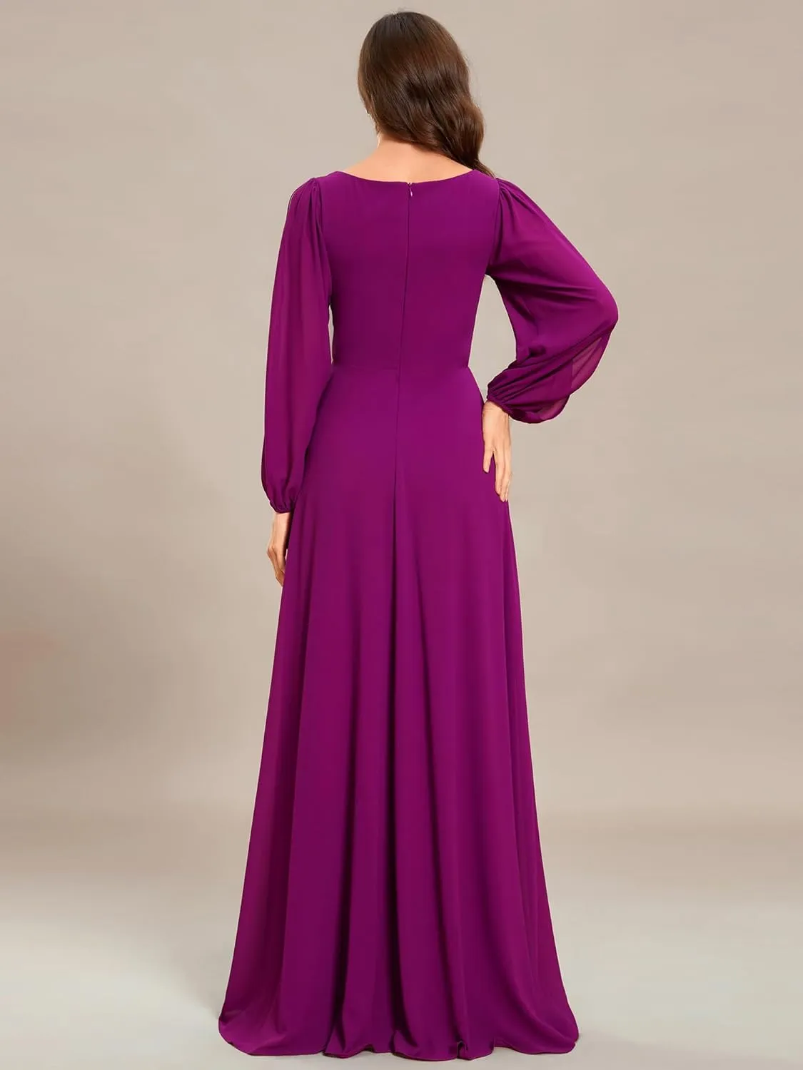 Ever-Pretty Women's V Neck Long Sleeves Floor Length Ruched Chiffon Formal Dress 00461