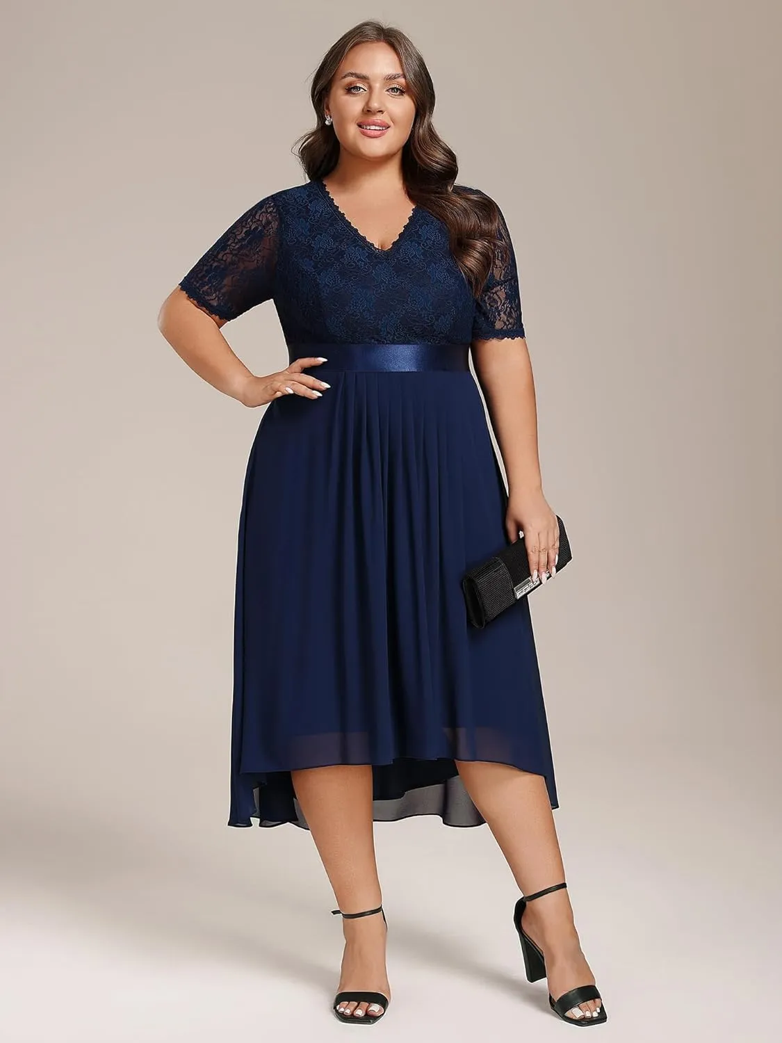 Ever-Pretty Women's V Neck Pleated A Line Lace Chiffon Half Sleeves Midi Plus Size Cocktail Wedding Guest Dresses