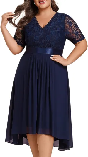 Ever-Pretty Women's V Neck Pleated A Line Lace Chiffon Half Sleeves Midi Plus Size Cocktail Wedding Guest Dresses
