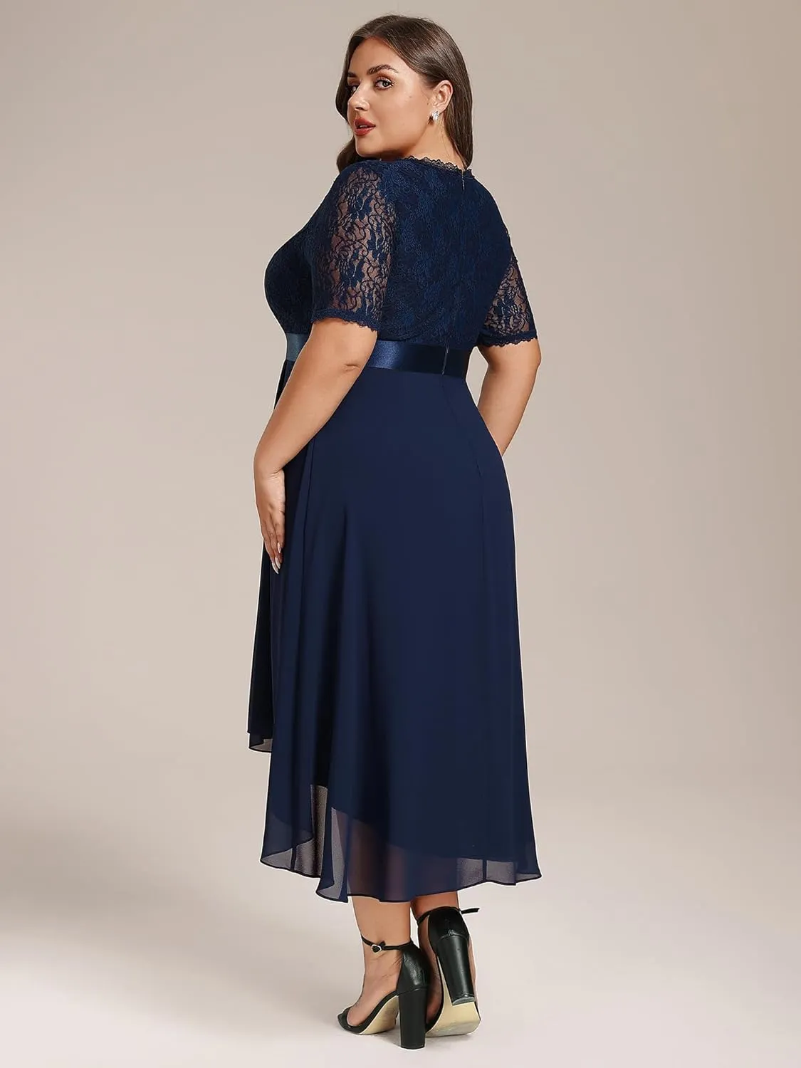 Ever-Pretty Women's V Neck Pleated A Line Lace Chiffon Half Sleeves Midi Plus Size Cocktail Wedding Guest Dresses