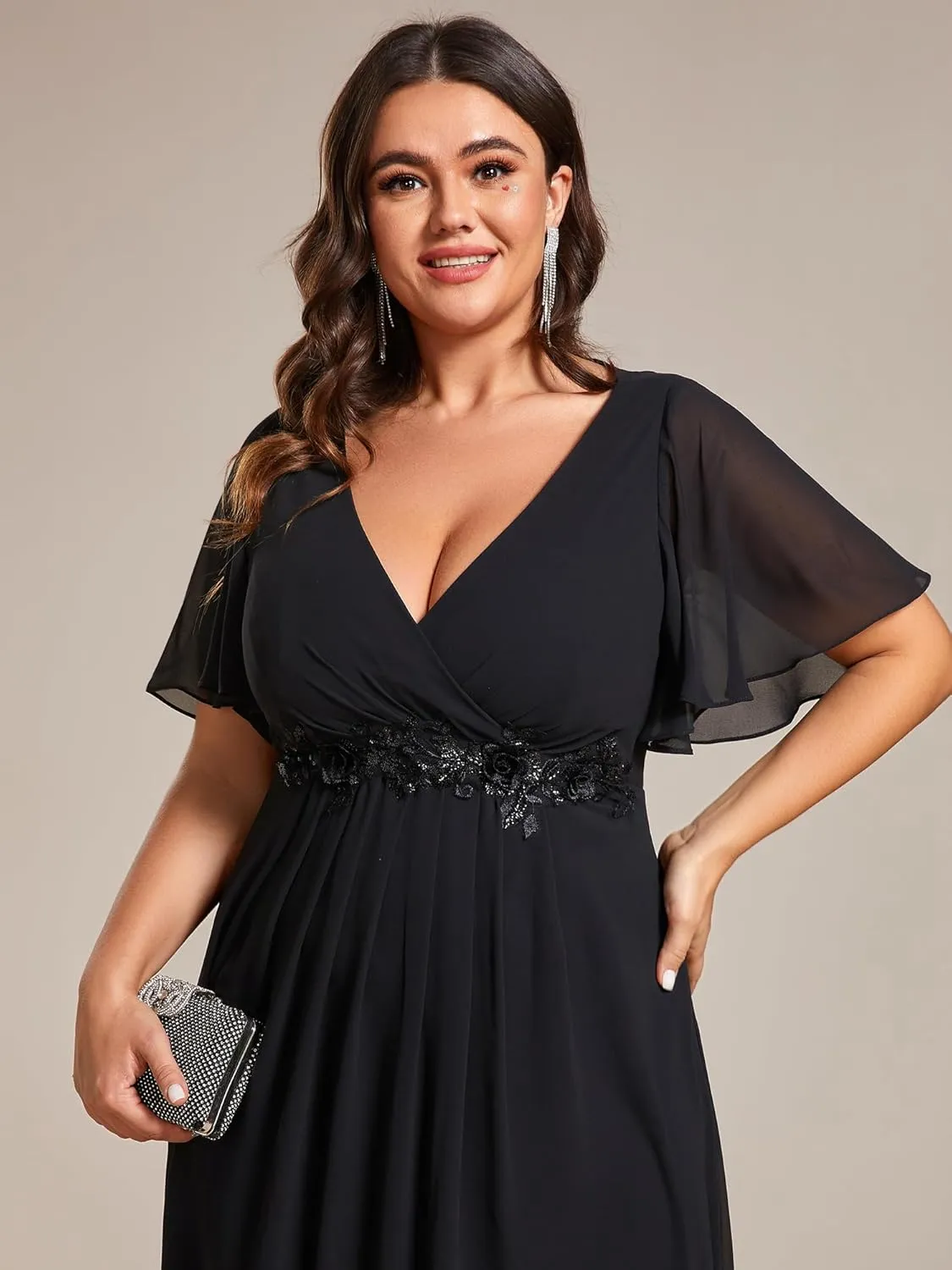 Ever-Pretty Women's V Neck Pleated Chiffon Applique Ruffles Sleeves Maxi Plus Size Formal Wedding Guest Dresses