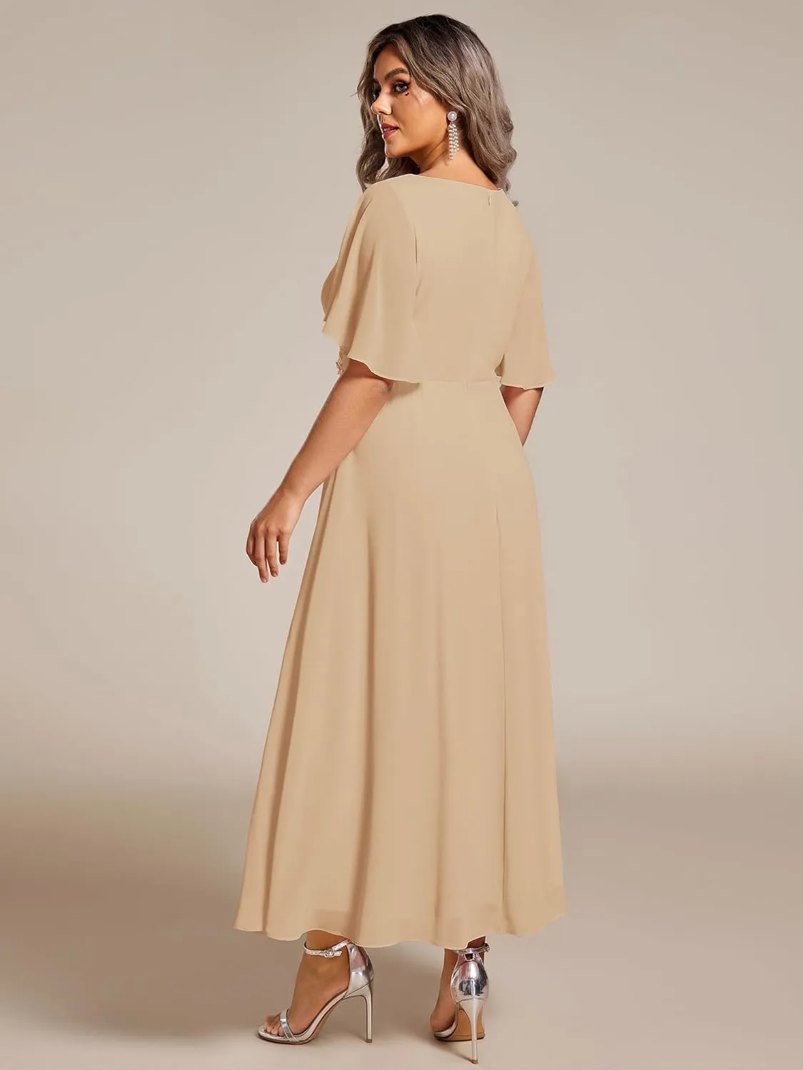 Ever-Pretty Women's V Neck Pleated Chiffon Applique Ruffles Sleeves Maxi Plus Size Formal Wedding Guest Dresses