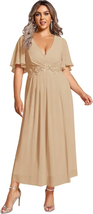 Ever-Pretty Women's V Neck Pleated Chiffon Applique Ruffles Sleeves Maxi Plus Size Formal Wedding Guest Dresses