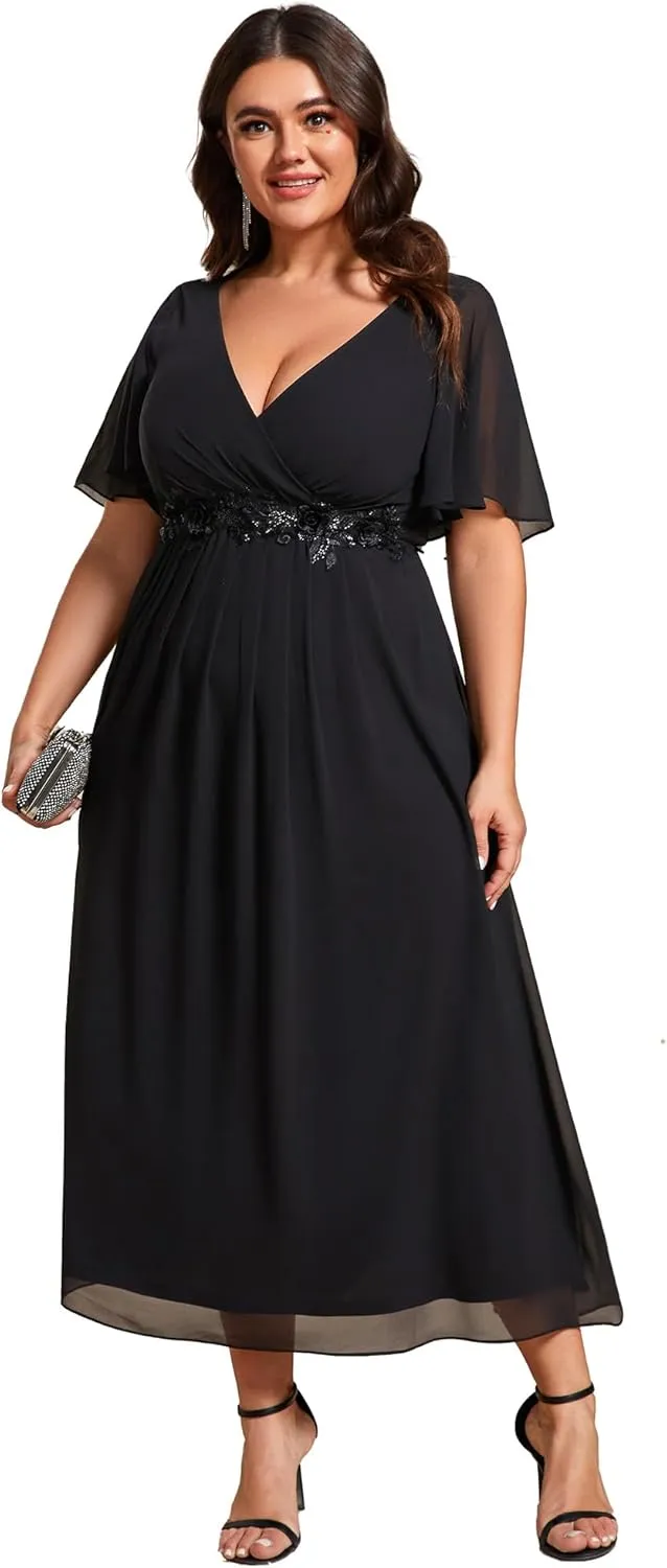 Ever-Pretty Women's V Neck Pleated Chiffon Applique Ruffles Sleeves Maxi Plus Size Formal Wedding Guest Dresses