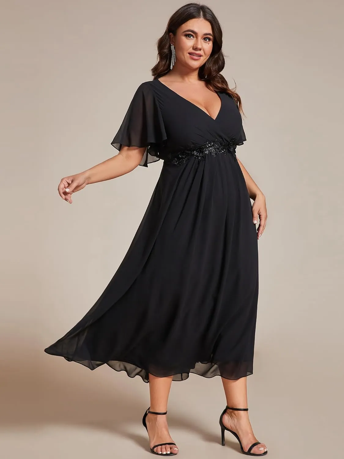 Ever-Pretty Women's V Neck Pleated Chiffon Applique Ruffles Sleeves Maxi Plus Size Formal Wedding Guest Dresses