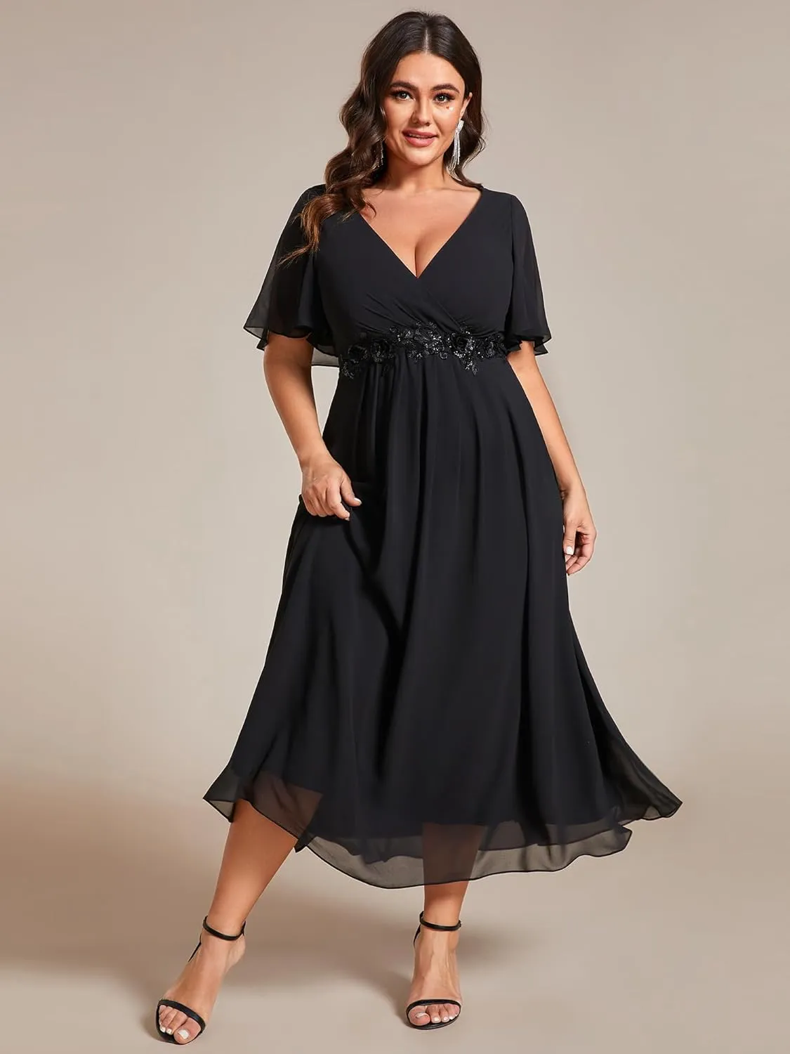 Ever-Pretty Women's V Neck Pleated Chiffon Applique Ruffles Sleeves Maxi Plus Size Formal Wedding Guest Dresses