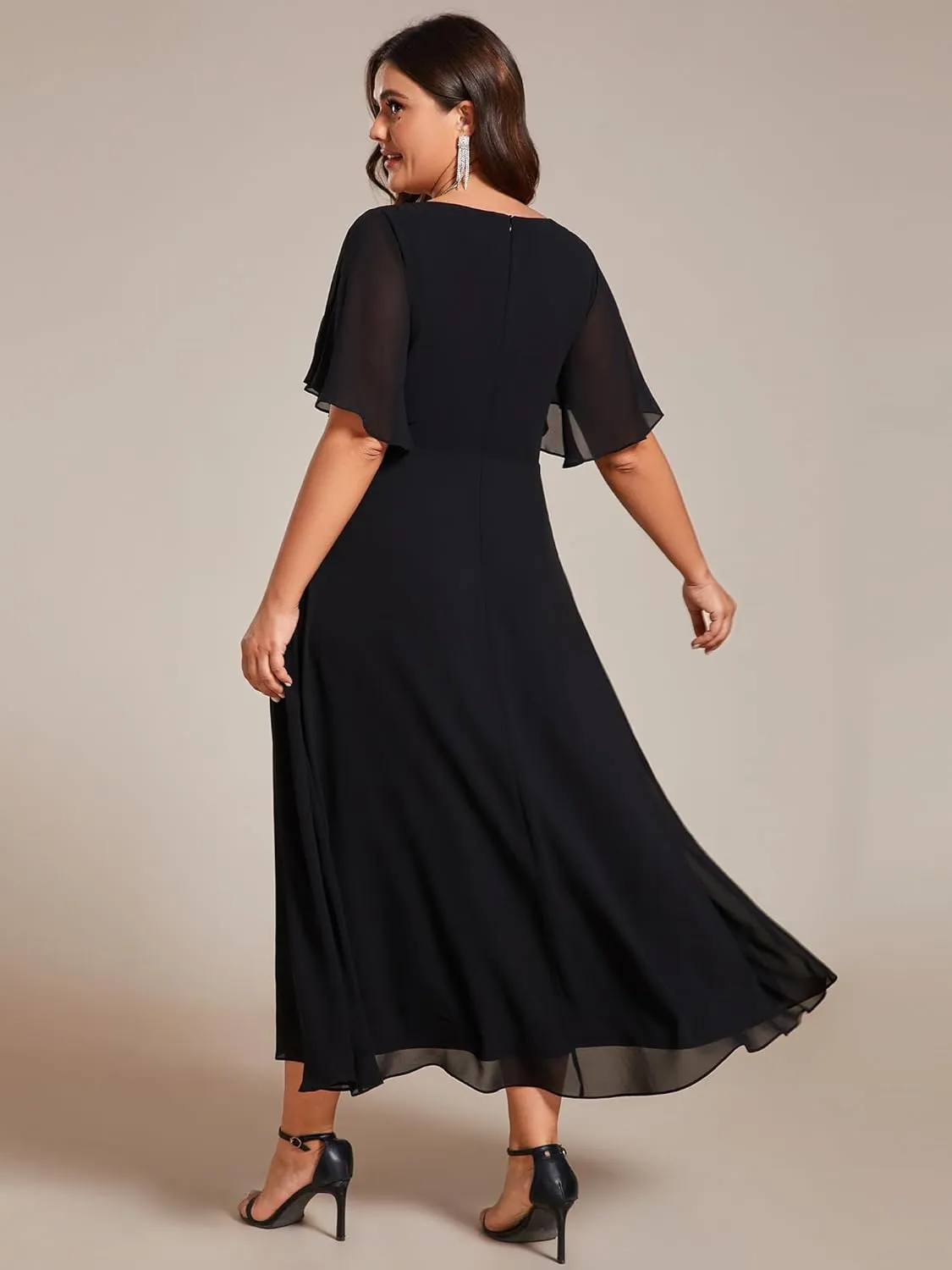 Ever-Pretty Women's V Neck Pleated Chiffon Applique Ruffles Sleeves Maxi Plus Size Formal Wedding Guest Dresses
