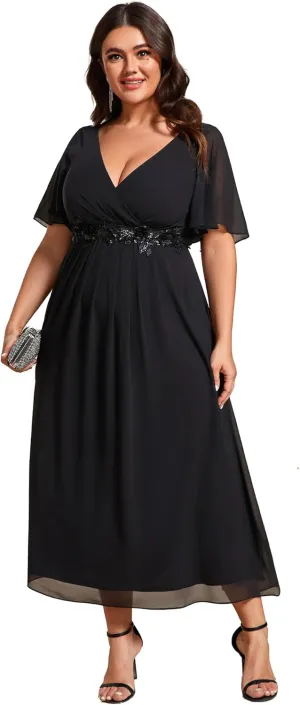 Ever-Pretty Women's V Neck Pleated Chiffon Applique Ruffles Sleeves Maxi Plus Size Formal Wedding Guest Dresses