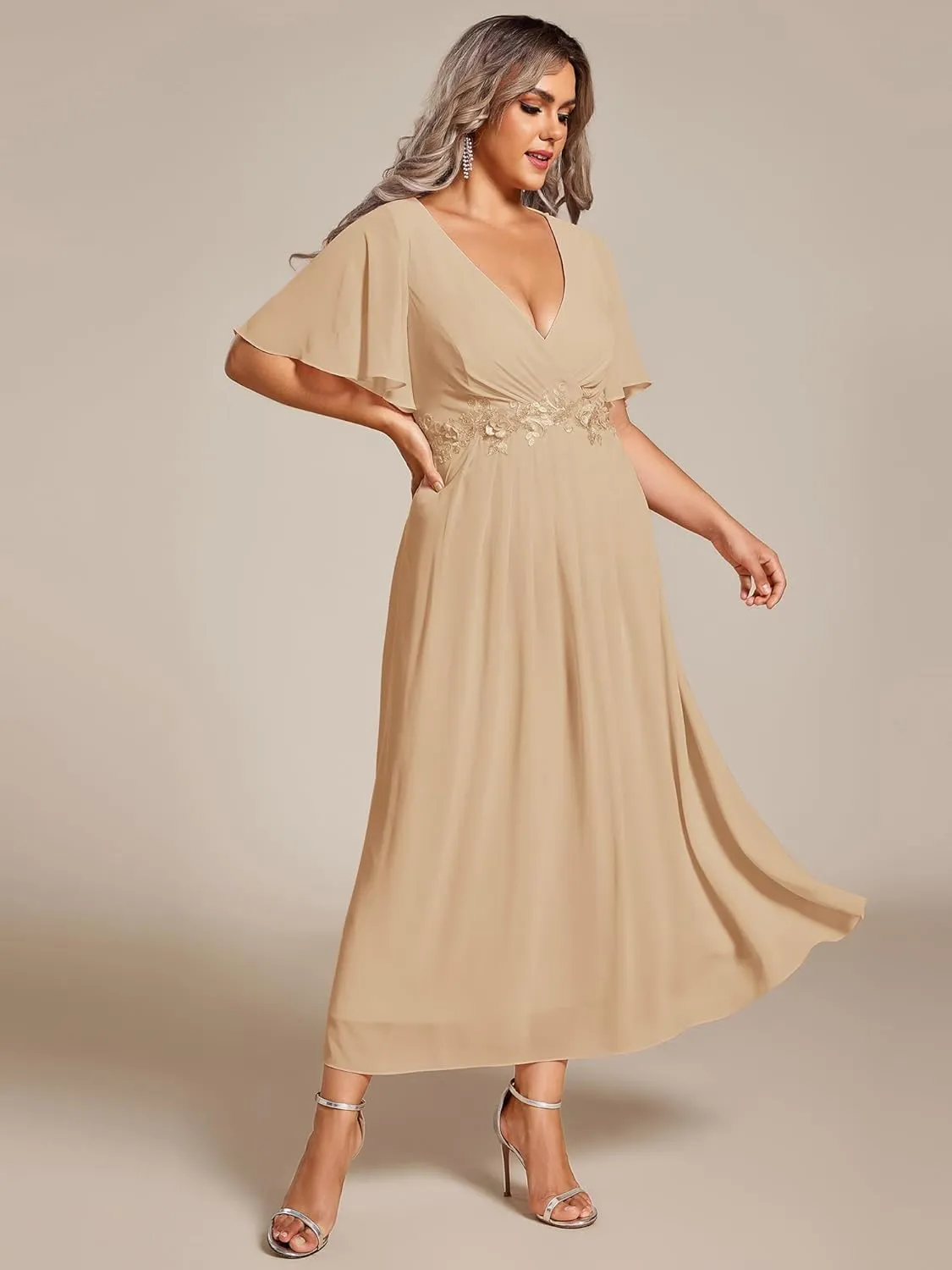 Ever-Pretty Women's V Neck Pleated Chiffon Applique Ruffles Sleeves Maxi Plus Size Formal Wedding Guest Dresses