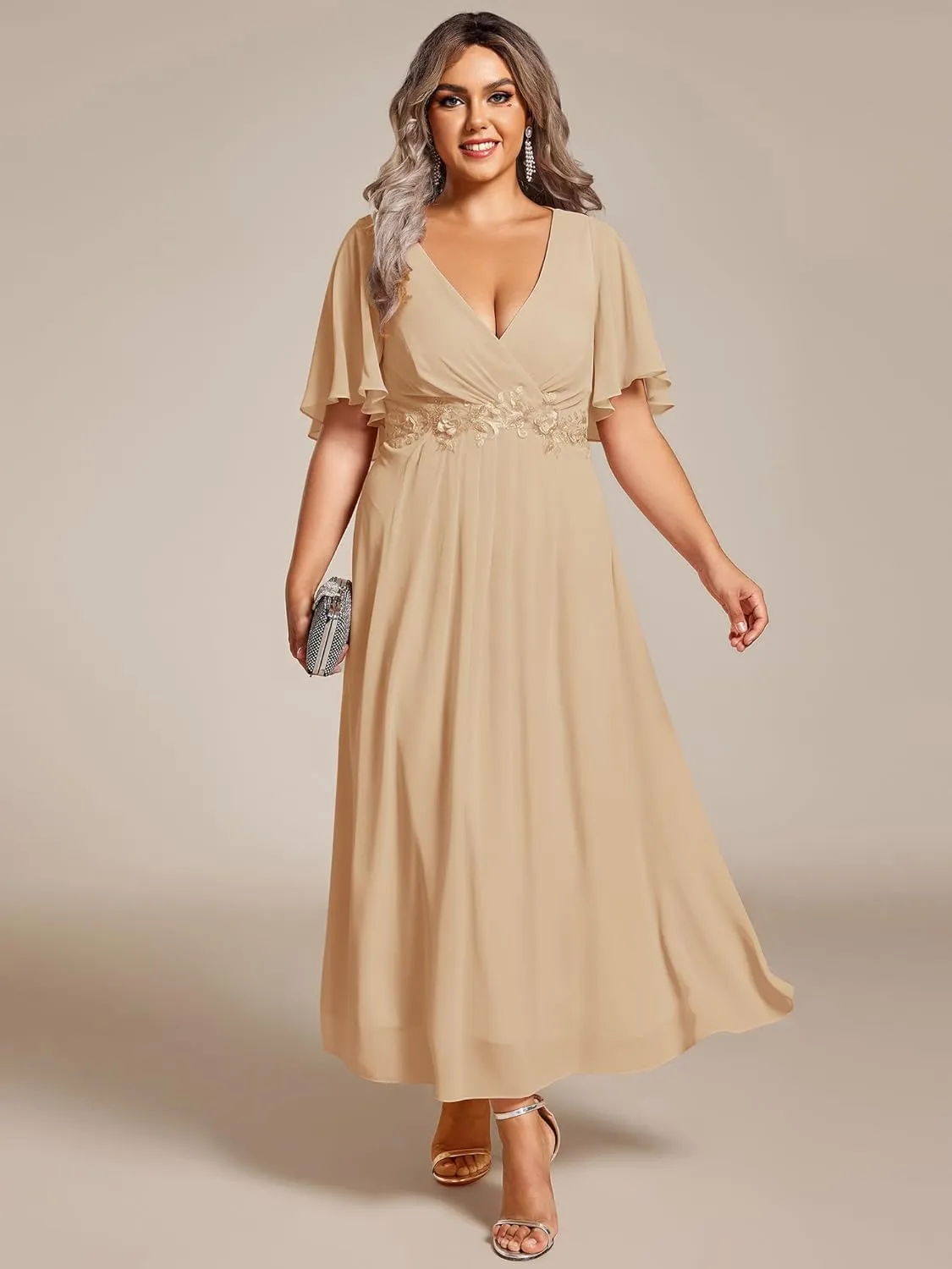 Ever-Pretty Women's V Neck Pleated Chiffon Applique Ruffles Sleeves Maxi Plus Size Formal Wedding Guest Dresses