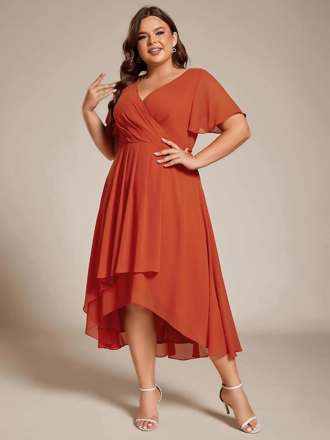 Ever-Pretty Women's V Neck Pleated Plus Size Ruffle Sleeves Chiffon High Low Formal Wedding Guest Dresses 02084-DAPH