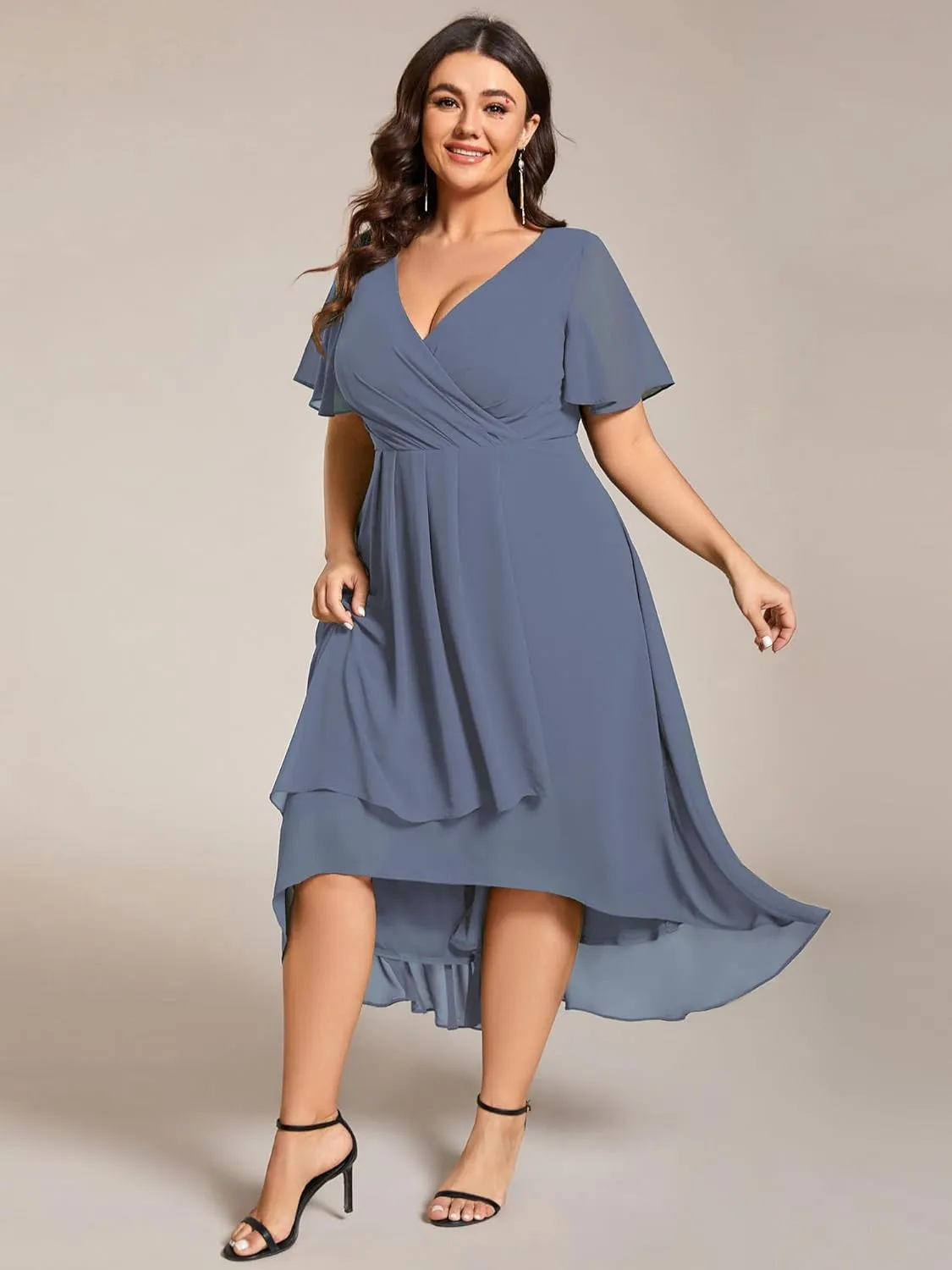 Ever-Pretty Women's V Neck Pleated Plus Size Ruffle Sleeves Chiffon High Low Formal Wedding Guest Dresses 02084-DAPH