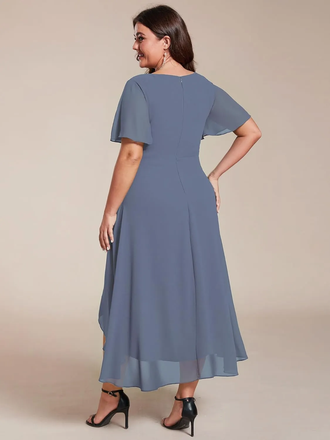 Ever-Pretty Women's V Neck Pleated Plus Size Ruffle Sleeves Chiffon High Low Formal Wedding Guest Dresses 02084-DAPH