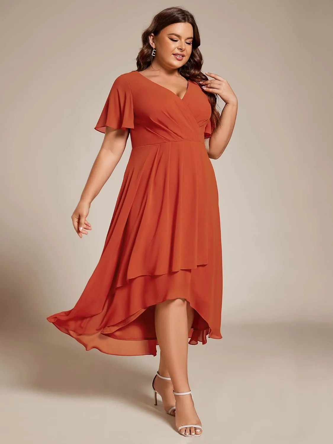 Ever-Pretty Women's V Neck Pleated Plus Size Ruffle Sleeves Chiffon High Low Formal Wedding Guest Dresses 02084-DAPH