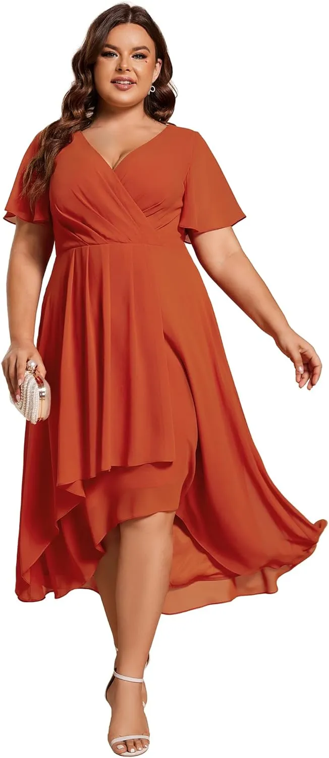 Ever-Pretty Women's V Neck Pleated Plus Size Ruffle Sleeves Chiffon High Low Formal Wedding Guest Dresses 02084-DAPH