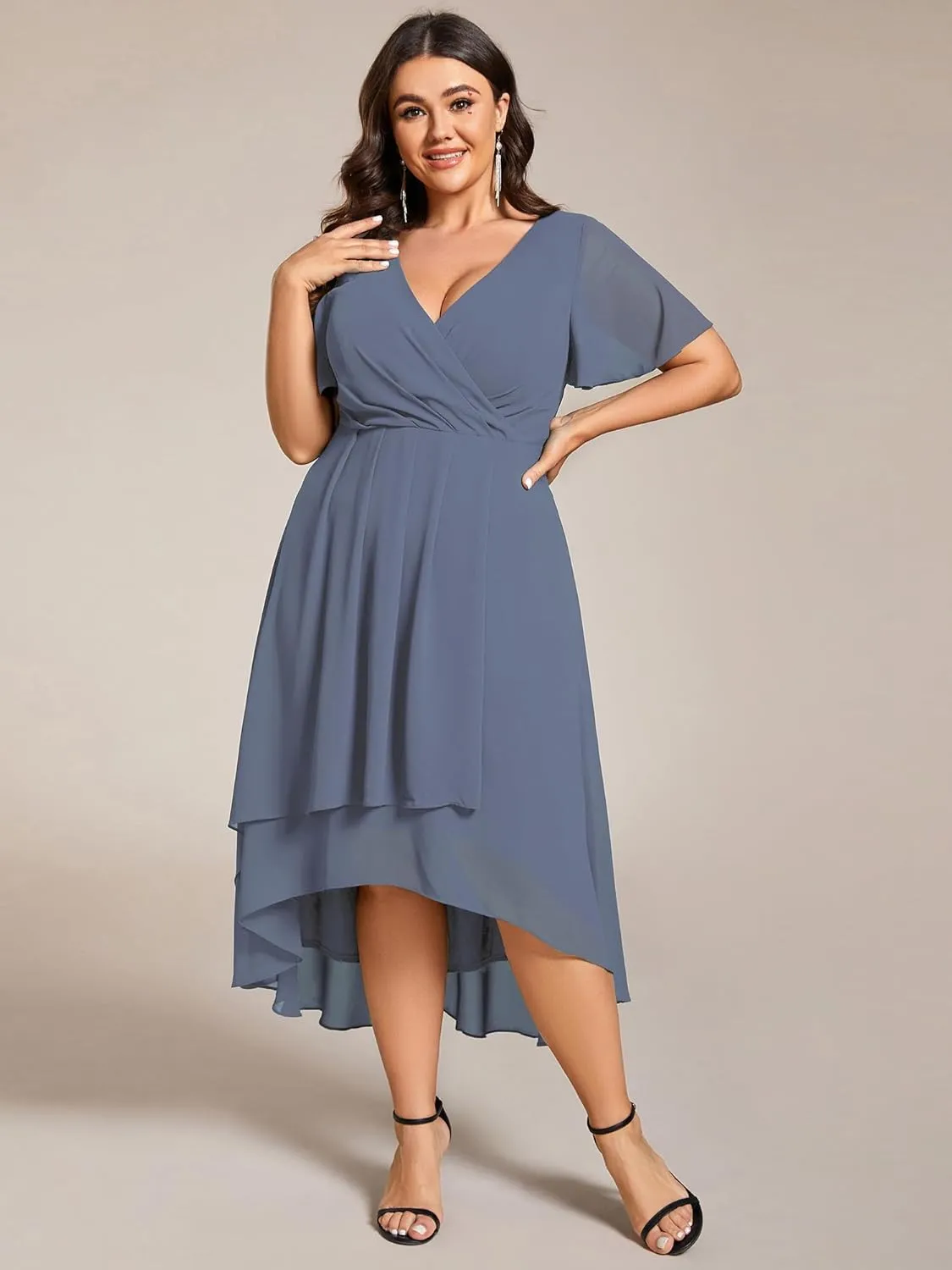 Ever-Pretty Women's V Neck Pleated Plus Size Ruffle Sleeves Chiffon High Low Formal Wedding Guest Dresses 02084-DAPH