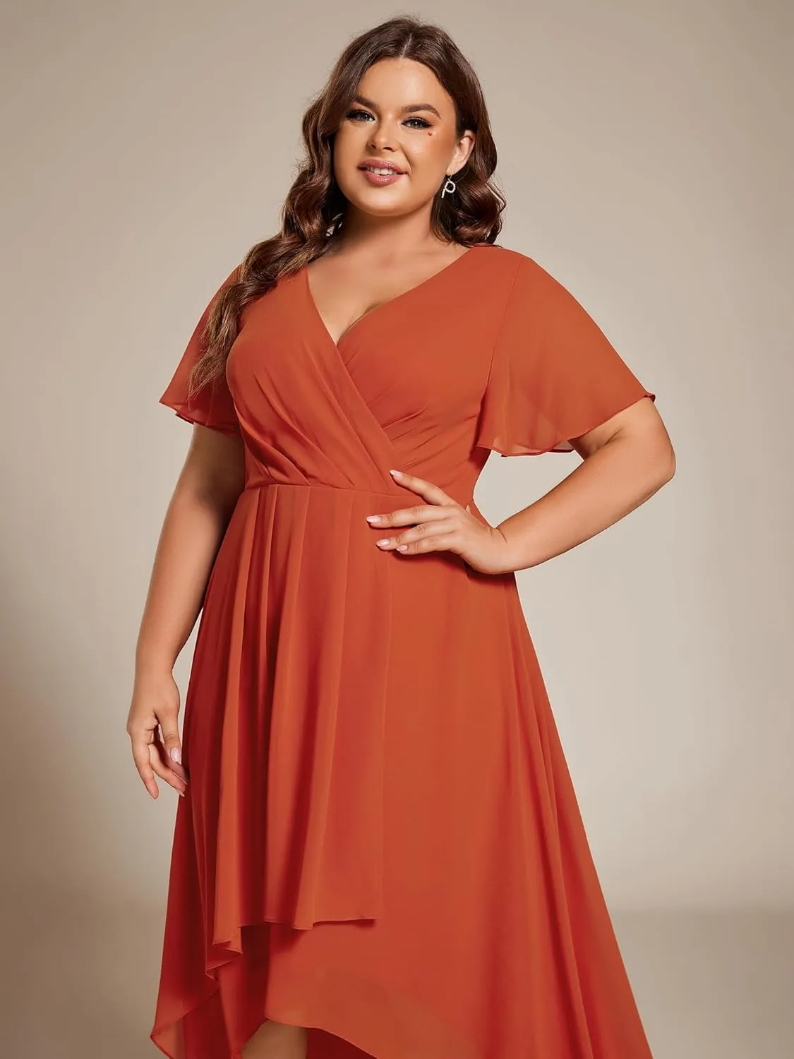 Ever-Pretty Women's V Neck Pleated Plus Size Ruffle Sleeves Chiffon High Low Formal Wedding Guest Dresses 02084-DAPH