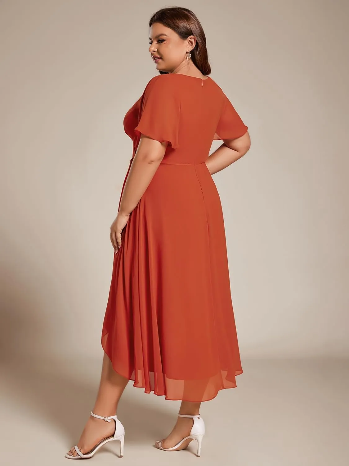 Ever-Pretty Women's V Neck Pleated Plus Size Ruffle Sleeves Chiffon High Low Formal Wedding Guest Dresses 02084-DAPH