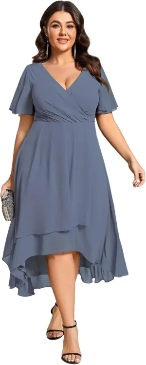 Ever-Pretty Women's V Neck Pleated Plus Size Ruffle Sleeves Chiffon High Low Formal Wedding Guest Dresses 02084-DAPH