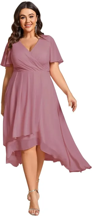 Ever-Pretty Women's V Neck Pleated Plus Size Ruffle Sleeves Chiffon High Low Formal Wedding Guest Dresses 02084-DAPH