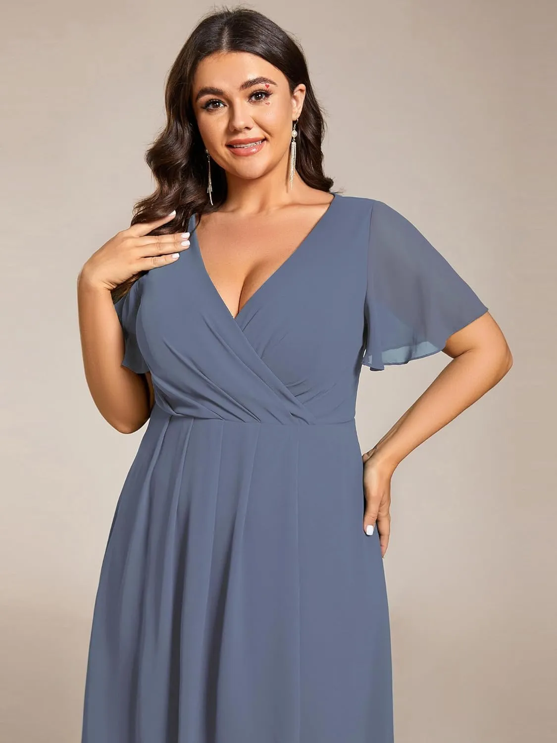 Ever-Pretty Women's V Neck Pleated Plus Size Ruffle Sleeves Chiffon High Low Formal Wedding Guest Dresses 02084-DAPH