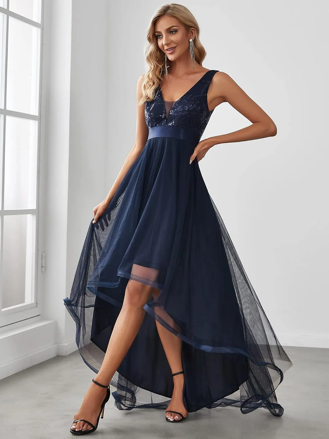 Ever-Pretty Women's V Neck Pleated Waist Short Sleeve Wedding Guest Dress Chiffon Bridesmaid Dresses 00793