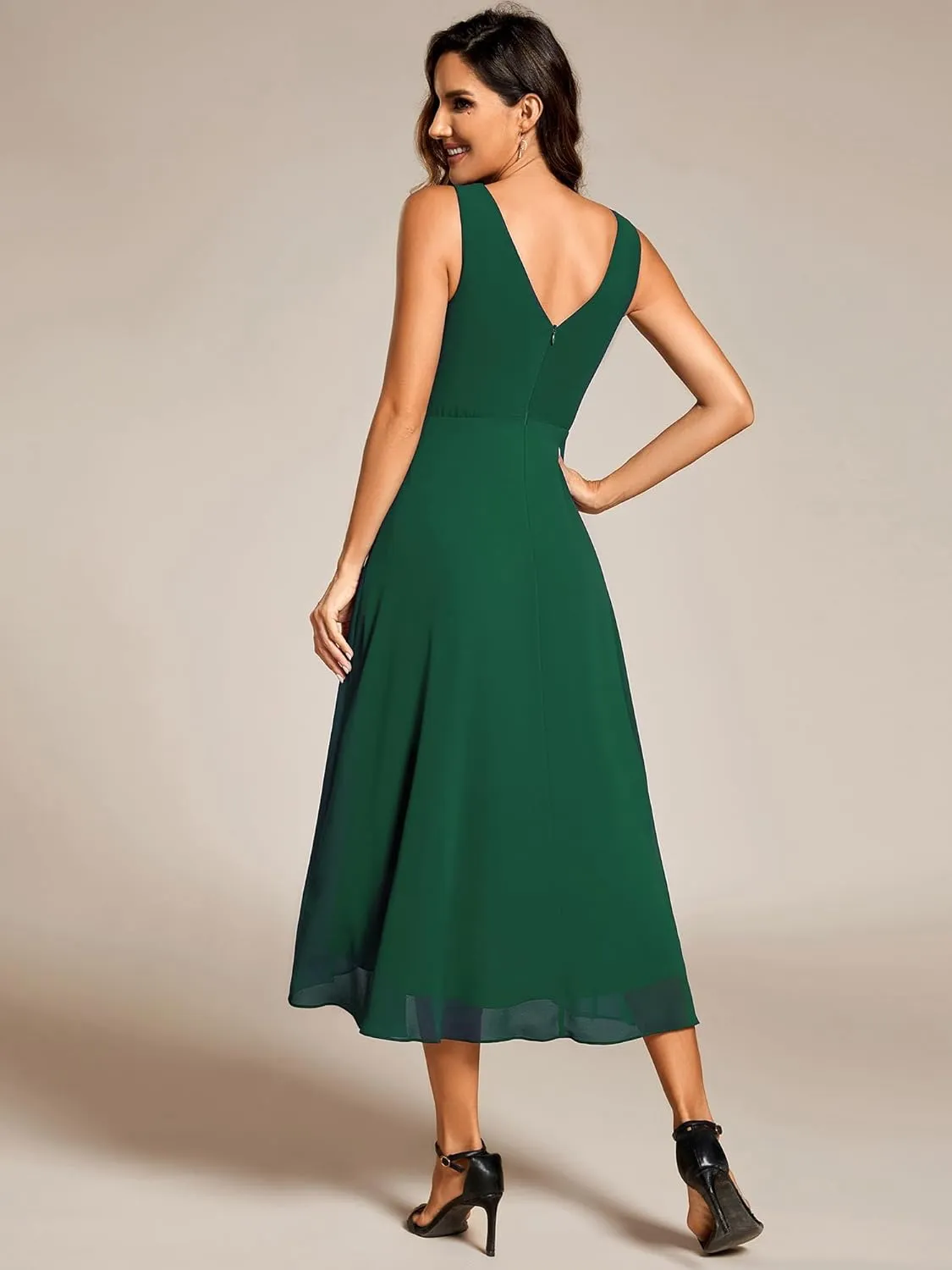 Ever-Pretty Women's V Neck Sleeveless Empire Waist Semi Formal Dress Pleated Chiffon Wedding Guest Dresses 61926