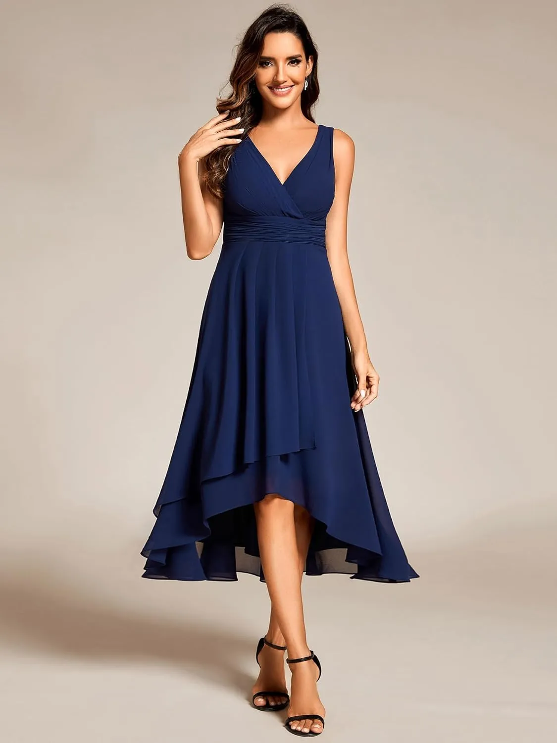 Ever-Pretty Women's V Neck Sleeveless Empire Waist Semi Formal Dress Pleated Chiffon Wedding Guest Dresses 61926