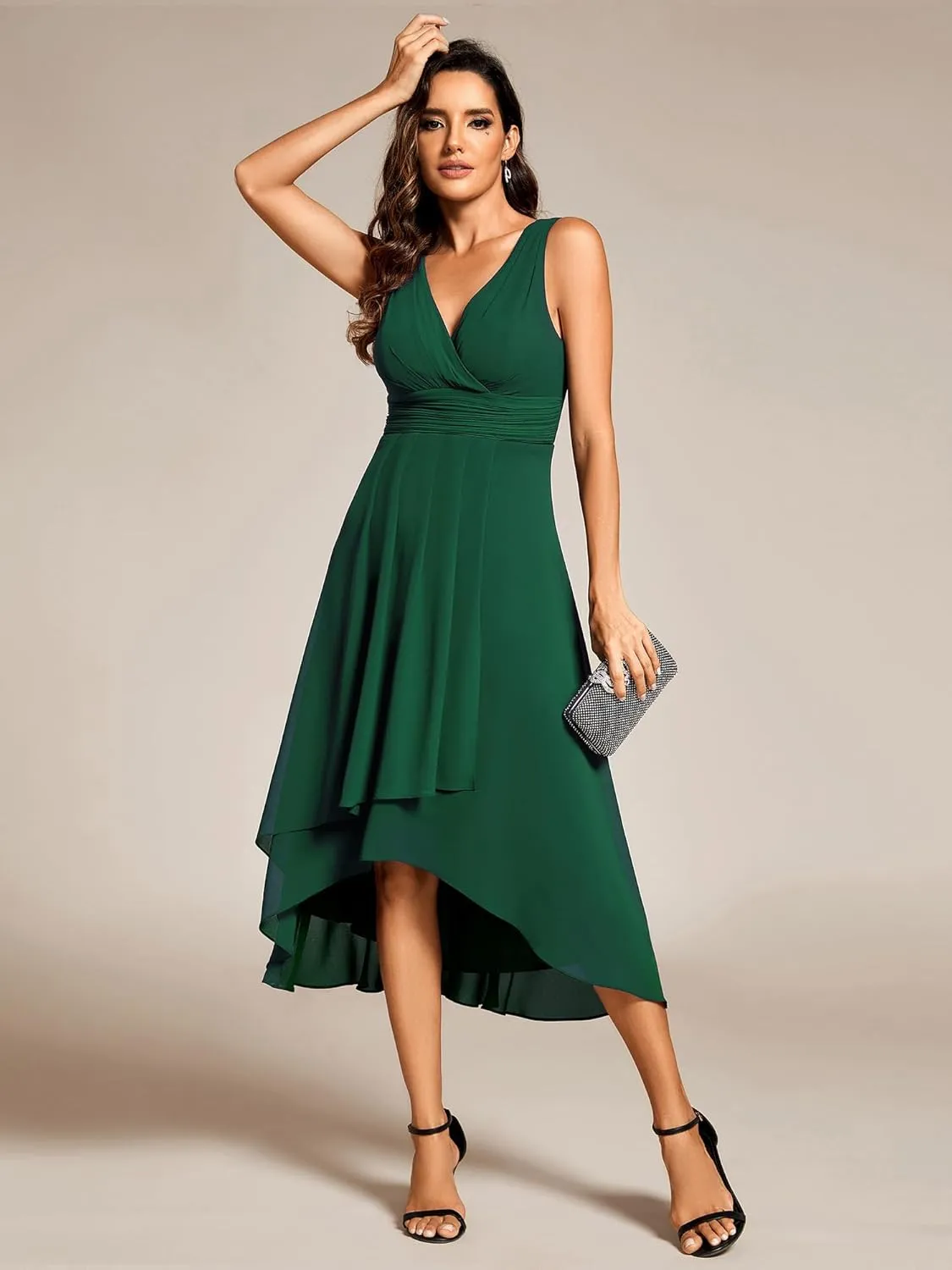 Ever-Pretty Women's V Neck Sleeveless Empire Waist Semi Formal Dress Pleated Chiffon Wedding Guest Dresses 61926