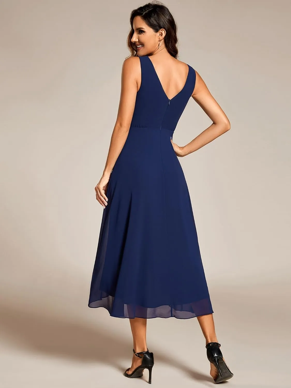 Ever-Pretty Women's V Neck Sleeveless Empire Waist Semi Formal Dress Pleated Chiffon Wedding Guest Dresses 61926