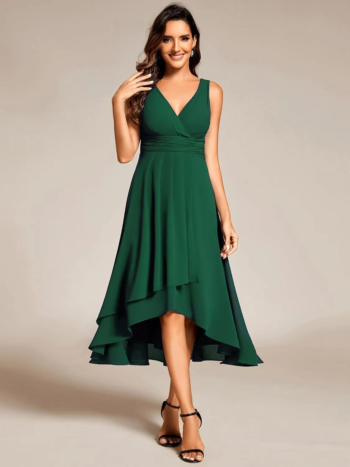 Ever-Pretty Women's V Neck Sleeveless Empire Waist Semi Formal Dress Pleated Chiffon Wedding Guest Dresses 61926